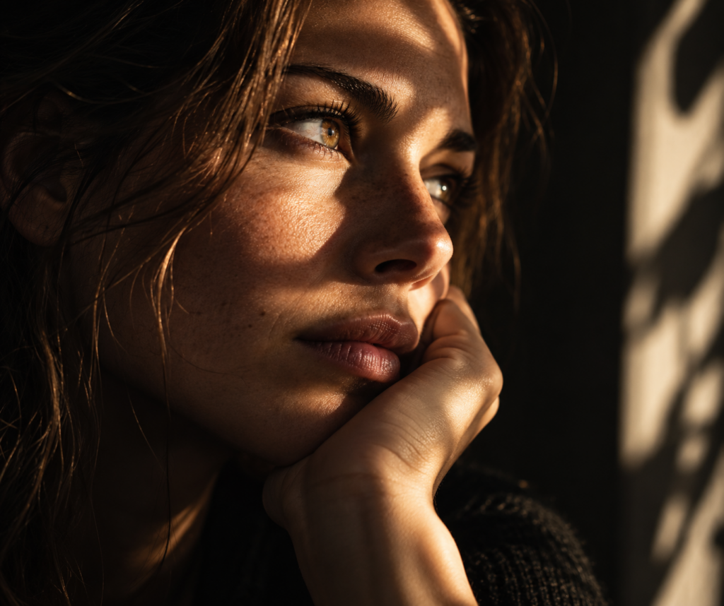 Portrait d’une femme pensive éclairée par la lumière d’une fenêtre