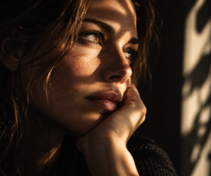Portrait d’une femme pensive éclairée par la lumière d’une fenêtre