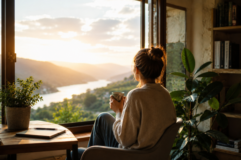 Une femme regarde le paysage depuis une fenêtre ouverte