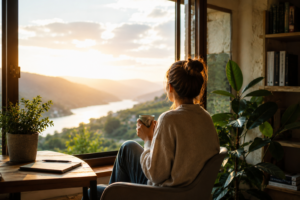 Une femme regarde le paysage depuis une fenêtre ouverte