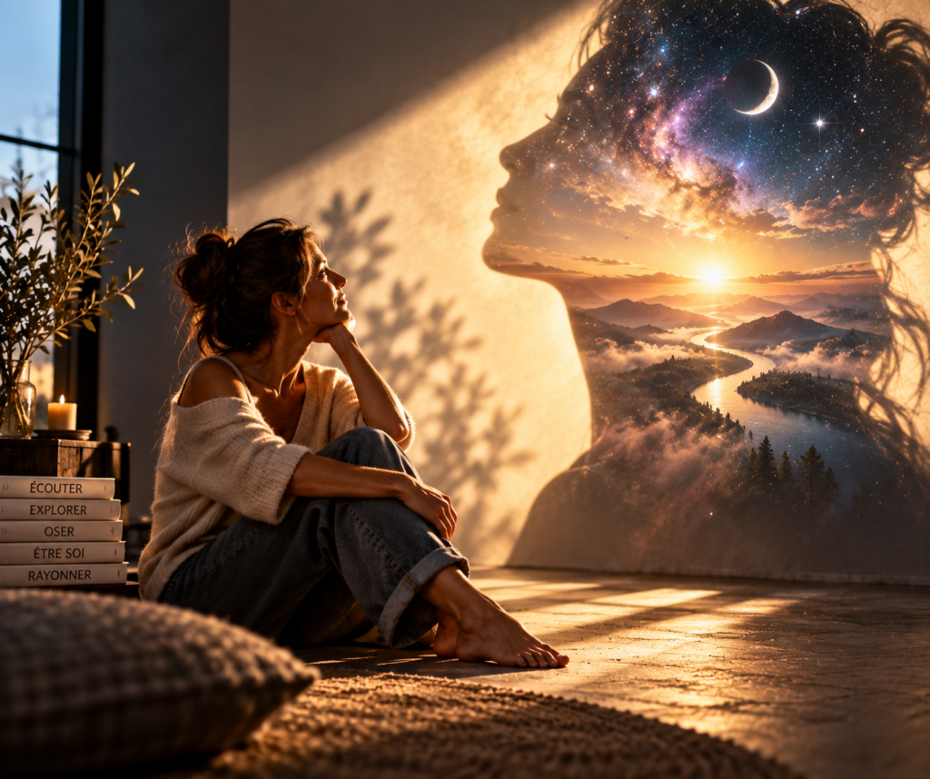Une femme assise près d’une fenêtre face à un paysage imaginaire