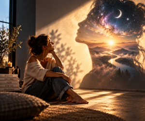 Une femme assise près d’une fenêtre face à un paysage imaginaire