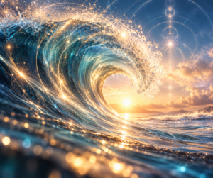 Illustration d’une vague lumineuse dans un paysage cosmique