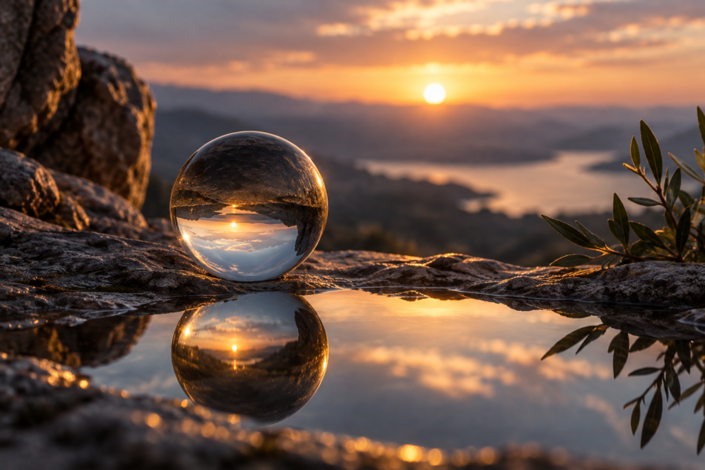 Une sphère de verre reflète le coucher du soleil au bord de l’eau