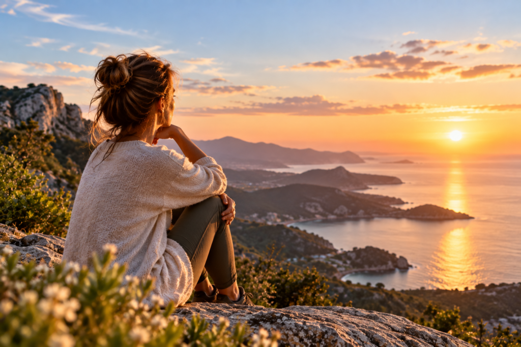 Une femme contemple le coucher du soleil au-dessus de la mer