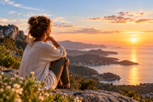 Une femme contemple le coucher du soleil au-dessus de la mer