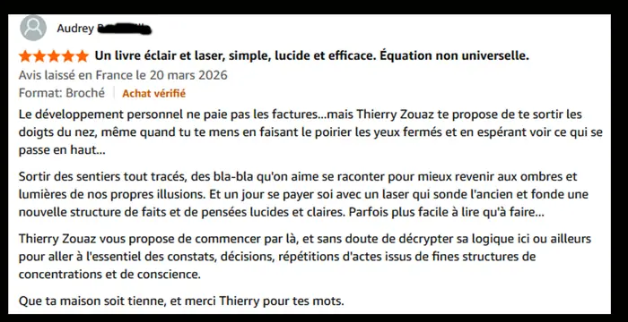 Avis Amazon cinq étoiles avec achat vérifié pour Le développement personnel ne paie pas les factures de Thierry Zouaz