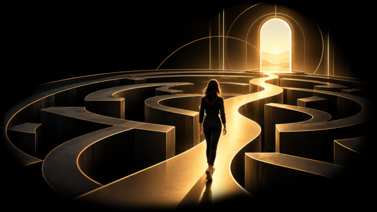 Femme avançant dans un labyrinthe vers une porte lumineuse