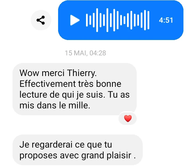 Capture originale anonymisée d’un message Messenger après une lecture intuitive de Thierry. Transcription disponible juste après.